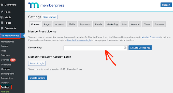 Adding a license key to your MemberPress plugin 将许可证密钥添加到您的 MemberPress 插件